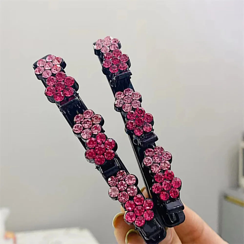 New Fashion Sparkling Crystal Stone Braided Hair Clips 6 Flower Hair Accessory For Women Girls