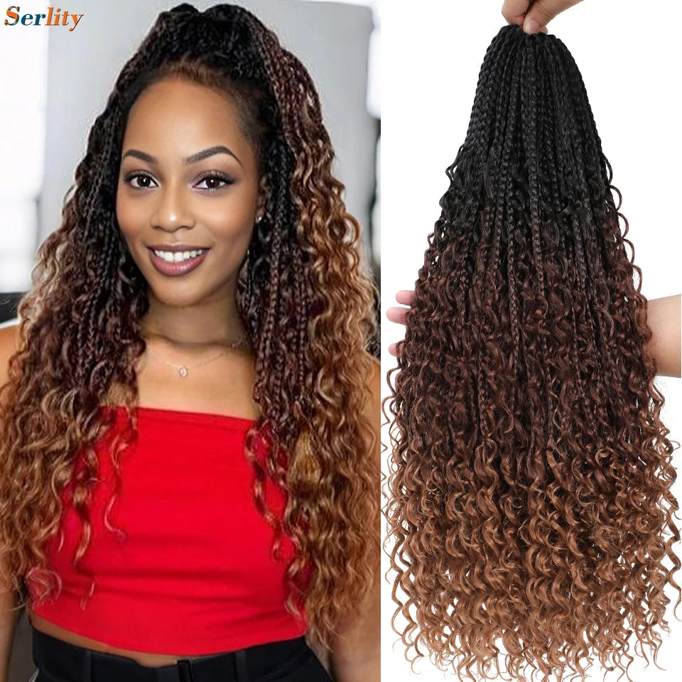 Boho Box Braids Goddess Bohemian Hippie Braids Braiding Hair Box Braids with Curly Ends Messy Pre-looped Synthetic Crochet Hair