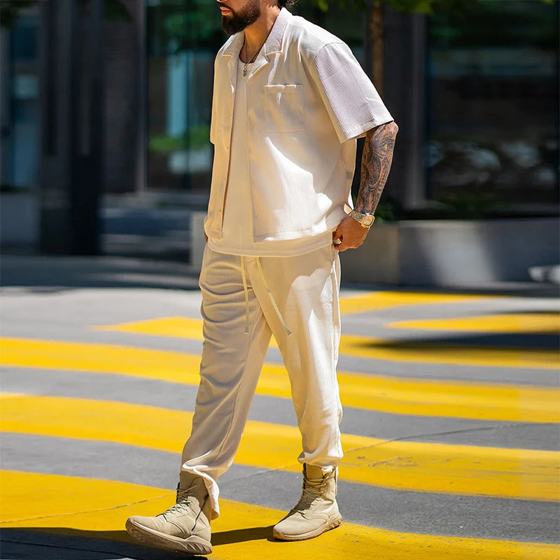 Lipswag Men’s 2-Piece Solid Set — Short-Sleeve Lapel Shirt & Drawstring Pants