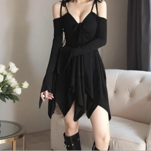 Plus Size Wind Tie Drawstring Sexy Girl Strap Dress Asymmetrical Pleated Slim Short Skirt Knitted Fabric No Sleeve Vintage Art