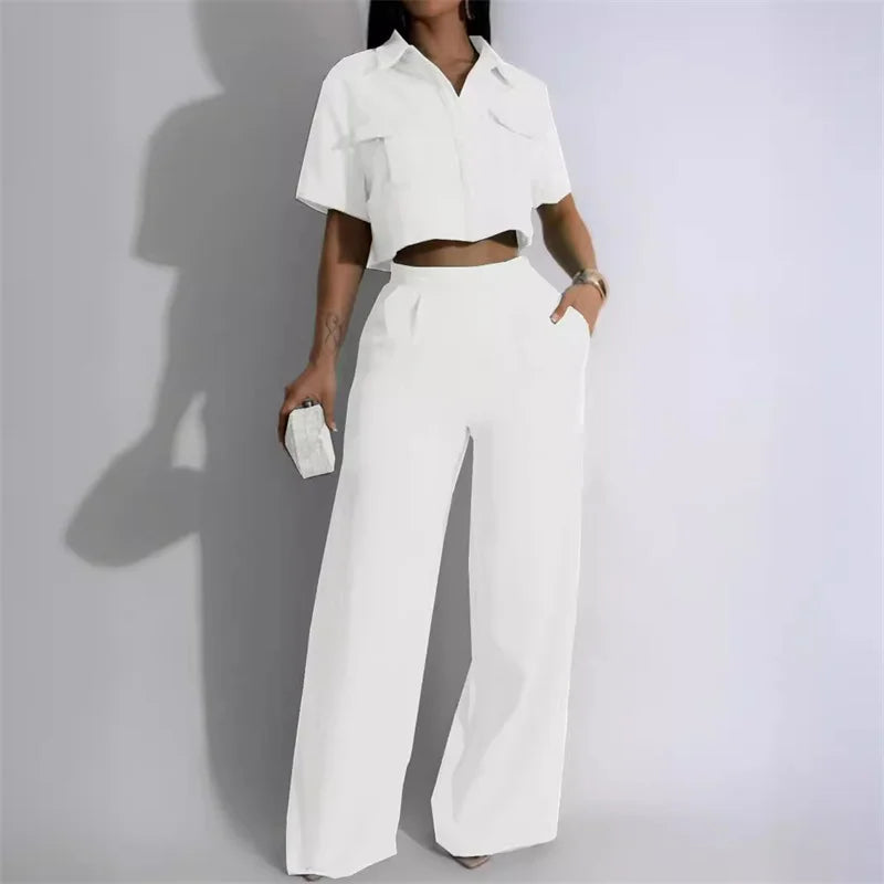 Solid Elegant Pant Sets Womens 2 Piece Outfit Summer 2026 Turn-down Collar Button Up Pockets Shirt Top and Wide Leg Pants Suit