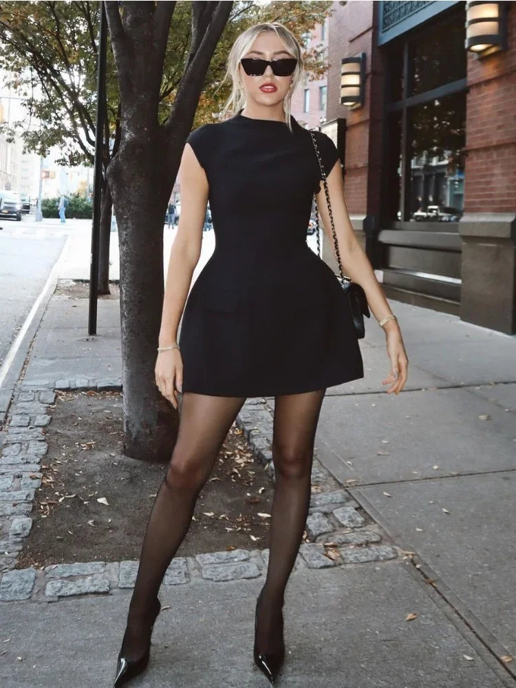 Tossy White Slim Women's Mini Dress Sleeveless Casual Pocket High Waist Elegant Party Dress Patchwork Fashion Solid Ladies Dress