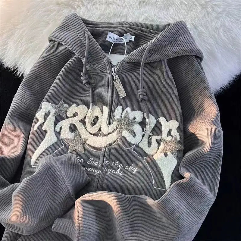 Fashion Embroidery Zip Up Hoodies Women Autumn Long Sleeve Tops Loose Hood Shirt Harajuku Y2K Clothes Female Sweatshirt Jacket