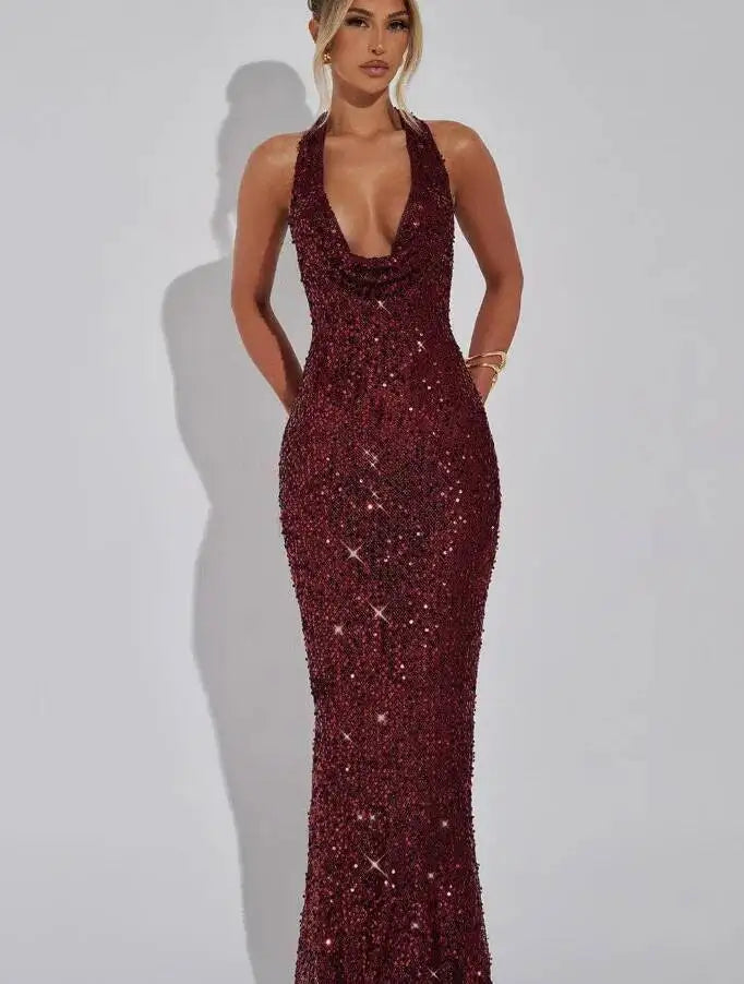 Giyu Sexy Glitter Sparkle Sequined Club Evening Party Dresses Women 2025 Summer Autumn Halter Backless Bodycon Maxi Long Dress