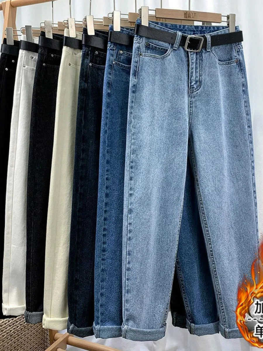 Women's Fce Lined High Waist Straight Leg Jeans Thiened Warm Nine Point Harlan Dad Pants Slimming Tapered Cuffed Ankle