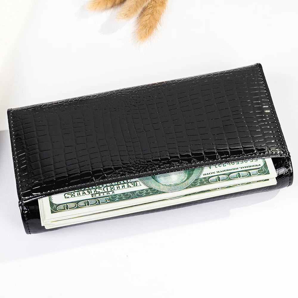 Women's Genuine Leather Wallet - Vintage Crocodile Pattern with Top Handle Buckle Closure, Flap Design, Birthday Gift