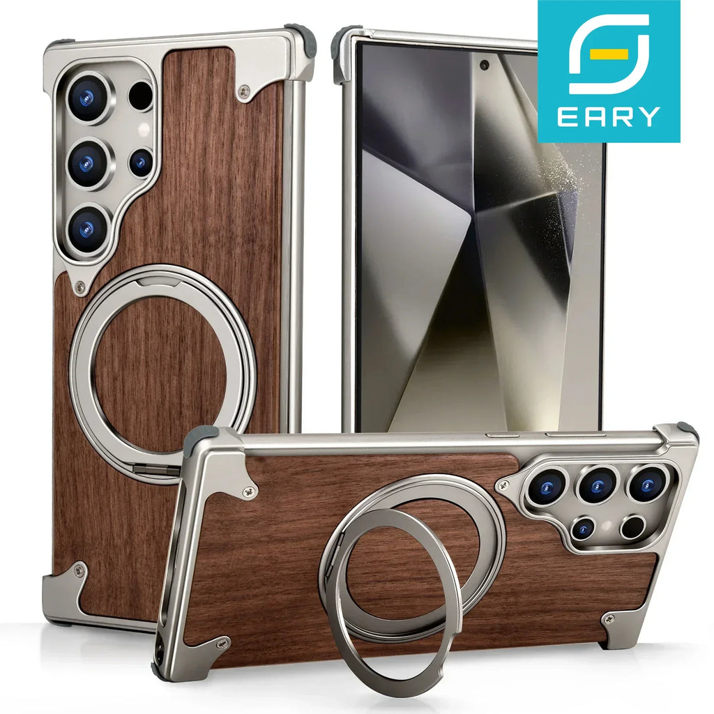 Eary Solid Wood Phone Case for Samsung Galaxy S25 S24 Ultra With Magsafe 360° Rotation Kickstand Frameless Protective Shells