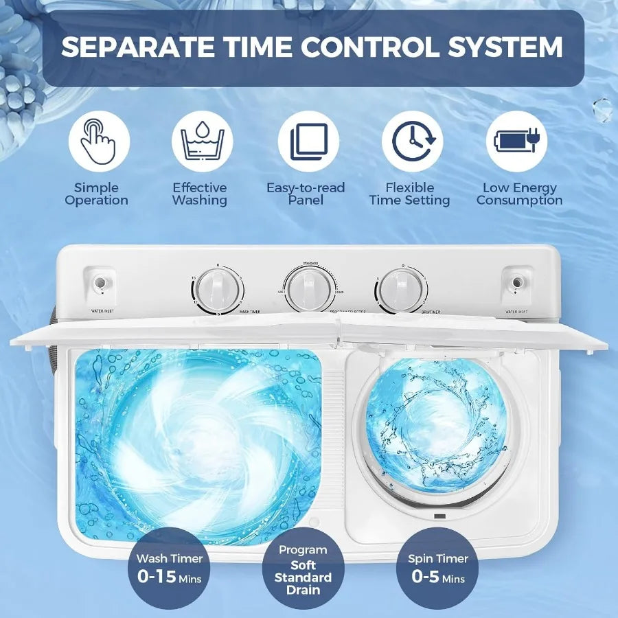Portable Washing Machine with 30Lbs Total Capacity Featuring Twin Tub Design: 19Lbs Washer and 11Lbs Spin Dryer with Builtin Dr