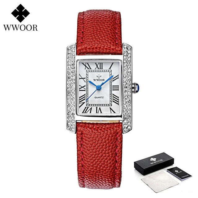 WWOOR Elegant Women's Watches Square Diamond Ladies Watch Waterproof Luxury Brand Leather Quartz Bracelet Watches Zegarek Damski