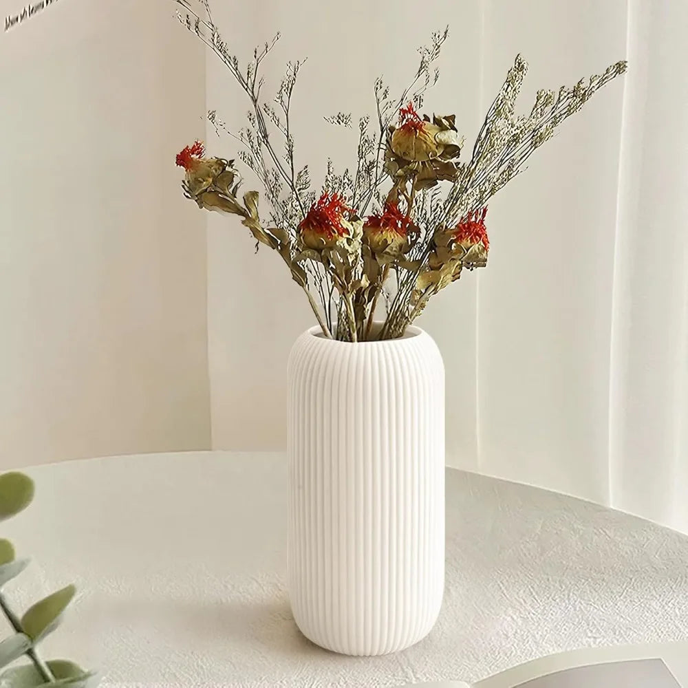 Modern White Ceramic Vase – Ribbed Texture Home Decor