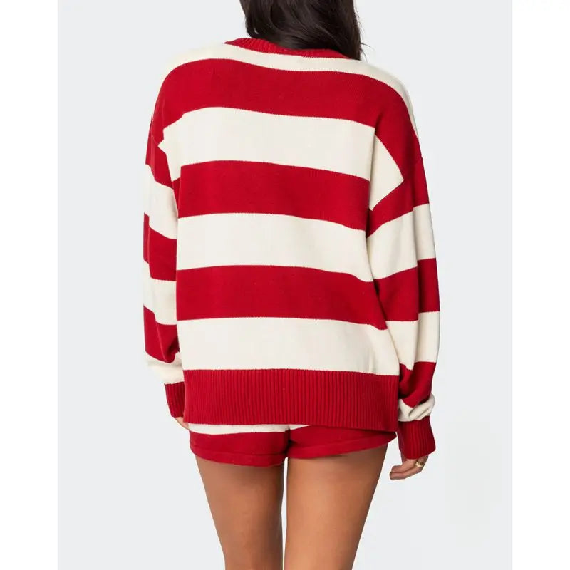 Women’s Striped Knit 2-Piece Set – Split Sweater Top & Drawstring Shorts
