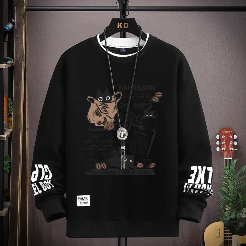 Men Women T Shirt Pullover Oversized Korean Version Long Sleeve Top Cartoon Cat Graphics T-Shirt Harajuku Casual Men's Clothing