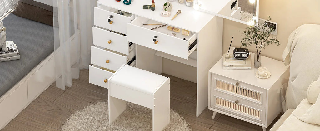 Lighted Vanity Desk Dressing Table Dresser Desk With Stool Set LED Makeup Mirror
