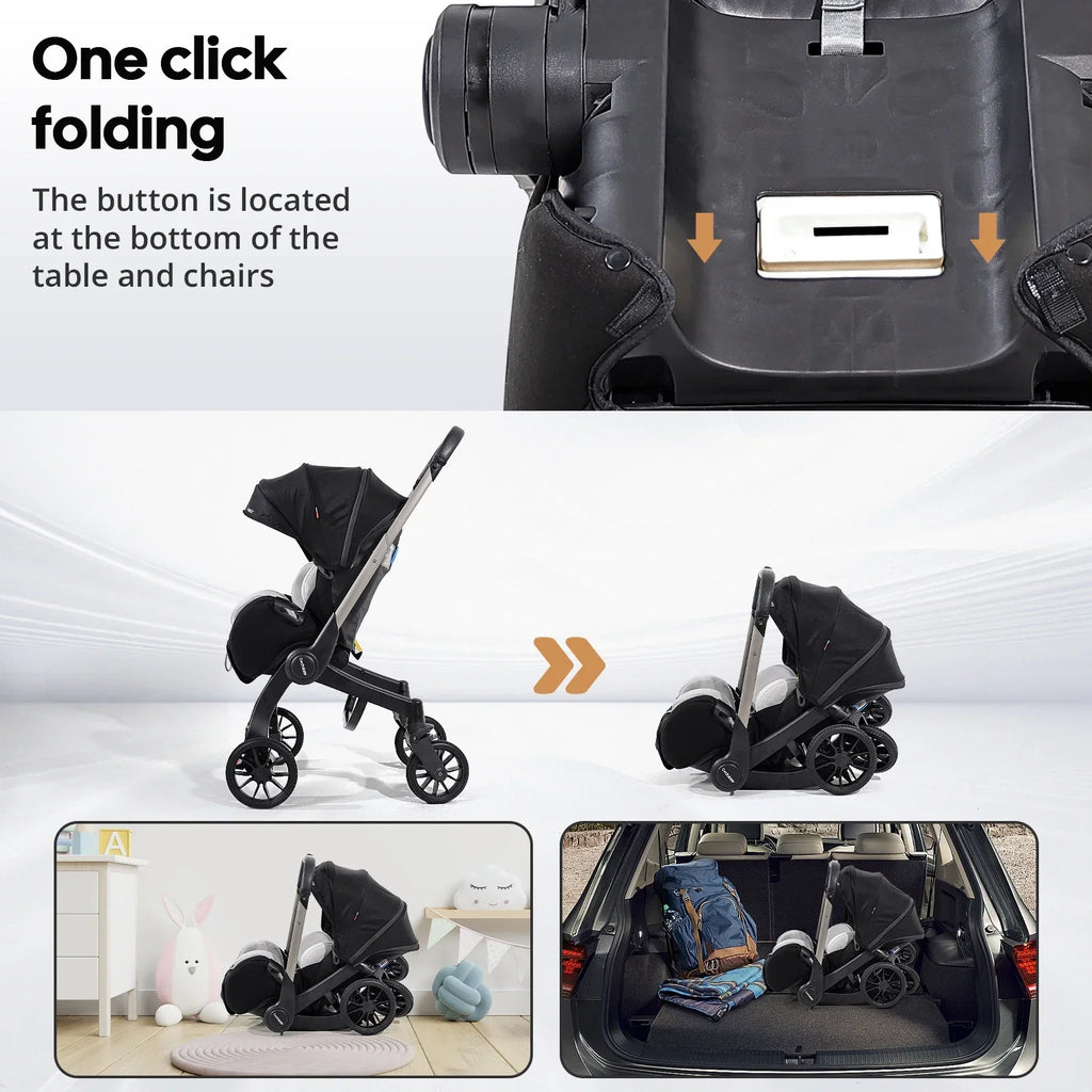 Portable baby strolle, foldable travel cart, adjustable handle for two-way push, adjustable backrest, with sunshade