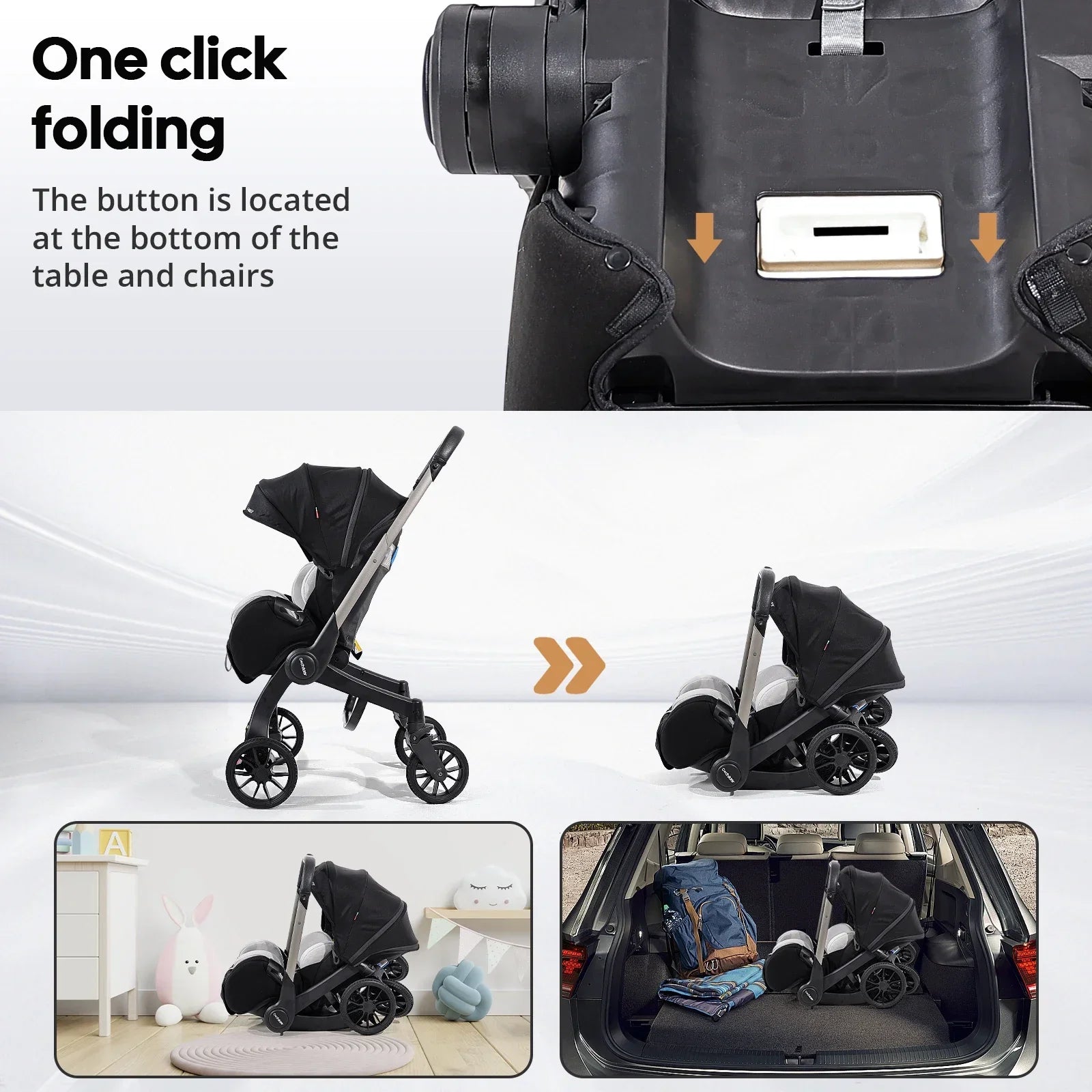 Portable baby strolle, foldable travel cart, adjustable handle for two-way push, adjustable backrest, with sunshade