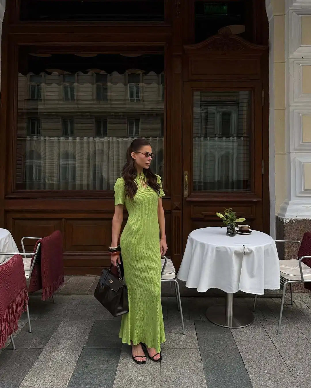 Tossy Knit Hollow Out Lace-Up Dress Female Ribbed Short Sleeve Patchwork High Waist Elegant Long Dress Women's Knitwear Dress