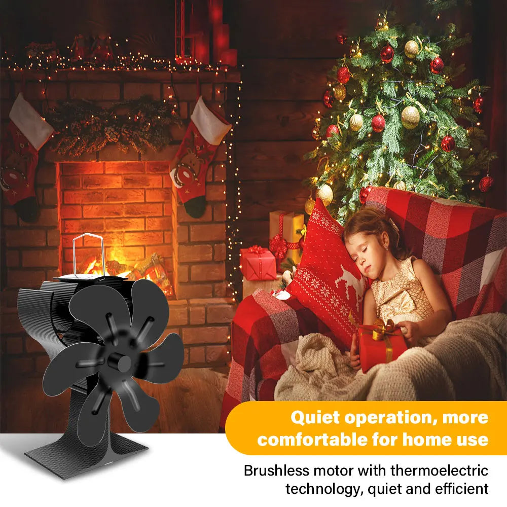 New Heat Powered Stove Fan Eco Quiet Black 6 Blades Log Wood Burner Fireplace Fan Efficient Heat Distribution Winter Warmer Home