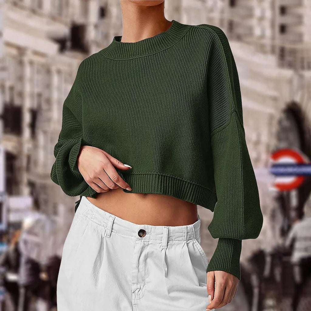 ZOMAXIUJEE 2024 Fall Cropped Knit Sweater – Crew Neck, Puff Sleeve, Oversized Pullover for Women