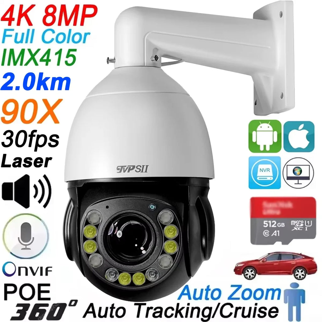 Full Color Metal Auto Tracking Cruise 8MP 4K 30fps Real-time 60X Optical Zoom 360° PTZ Speed Dome Surveillance POE IP Camera