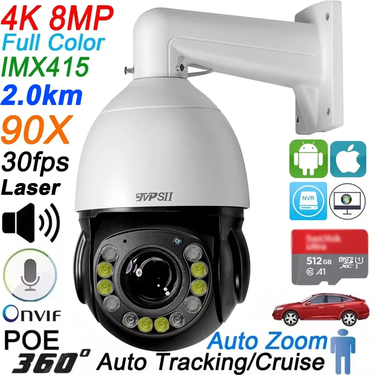 Full Color Metal Auto Tracking Cruise 8MP 4K 30fps Real-time 60X Optical Zoom 360° PTZ Speed Dome Surveillance POE IP Camera