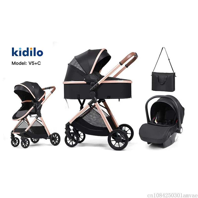 3 in 1 multifunctional baby stroller equipped with car seats for sitting and lying down, lightweight and comes with a mommy bag