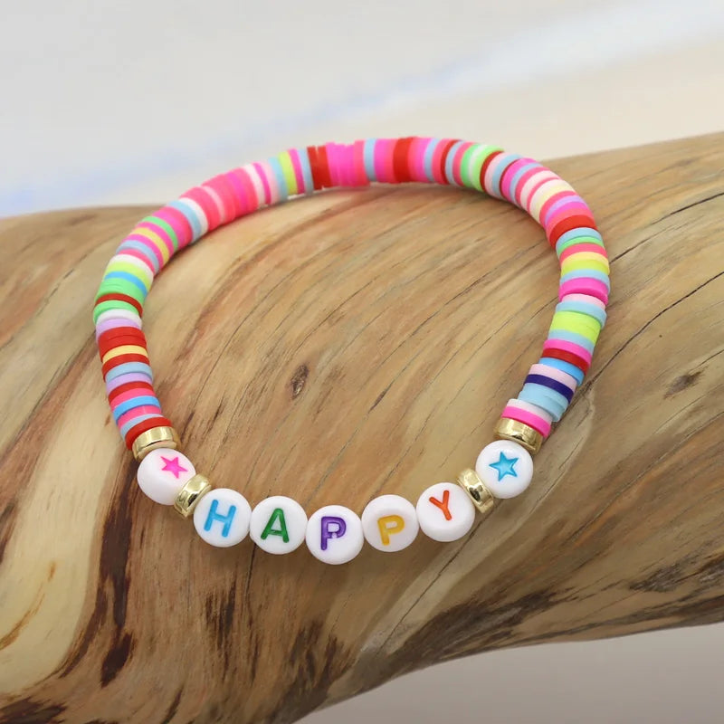 Multicolor Clay Beaded Letter Bracelet | Custom Friendship & Love Boho Jewelry