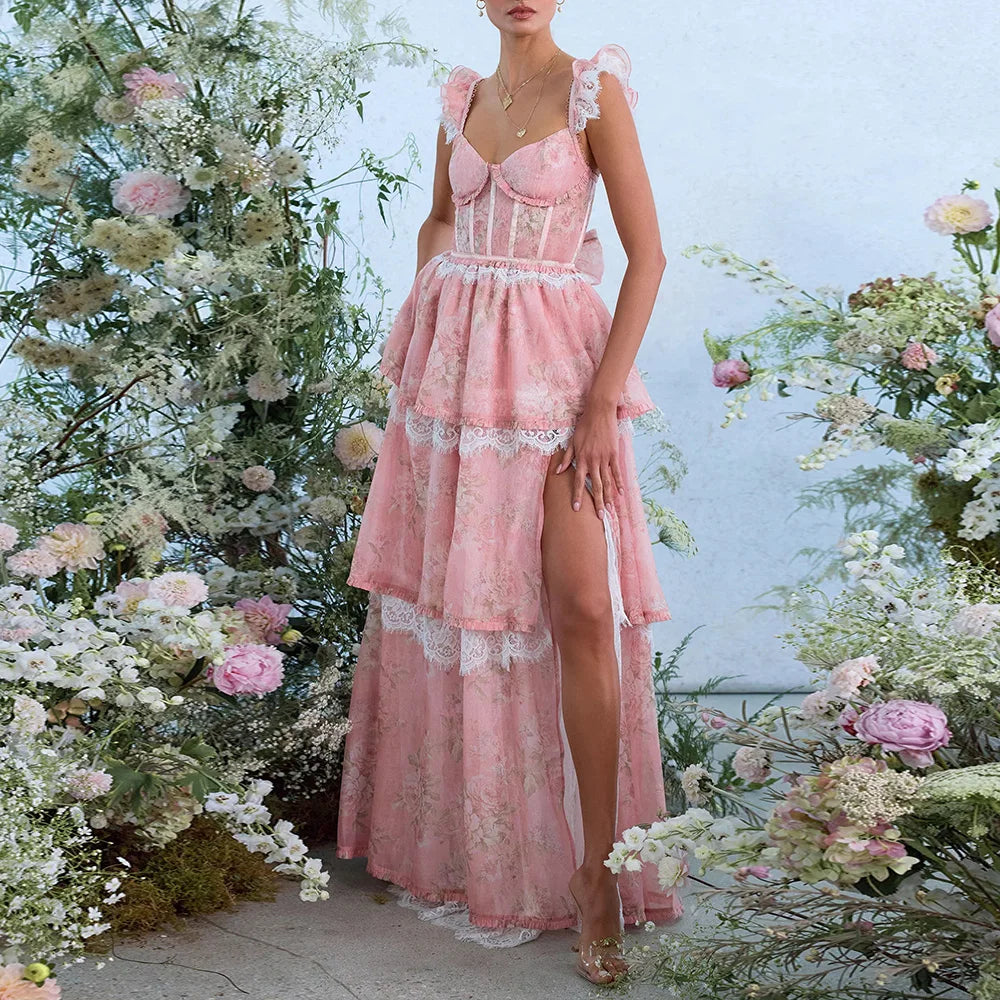 TWOTWINSTYLE Colorblock Slimming Spliced Lace Dresses for Women Square Neck Sleeveless Patchwork Printing Dress Female Clothes