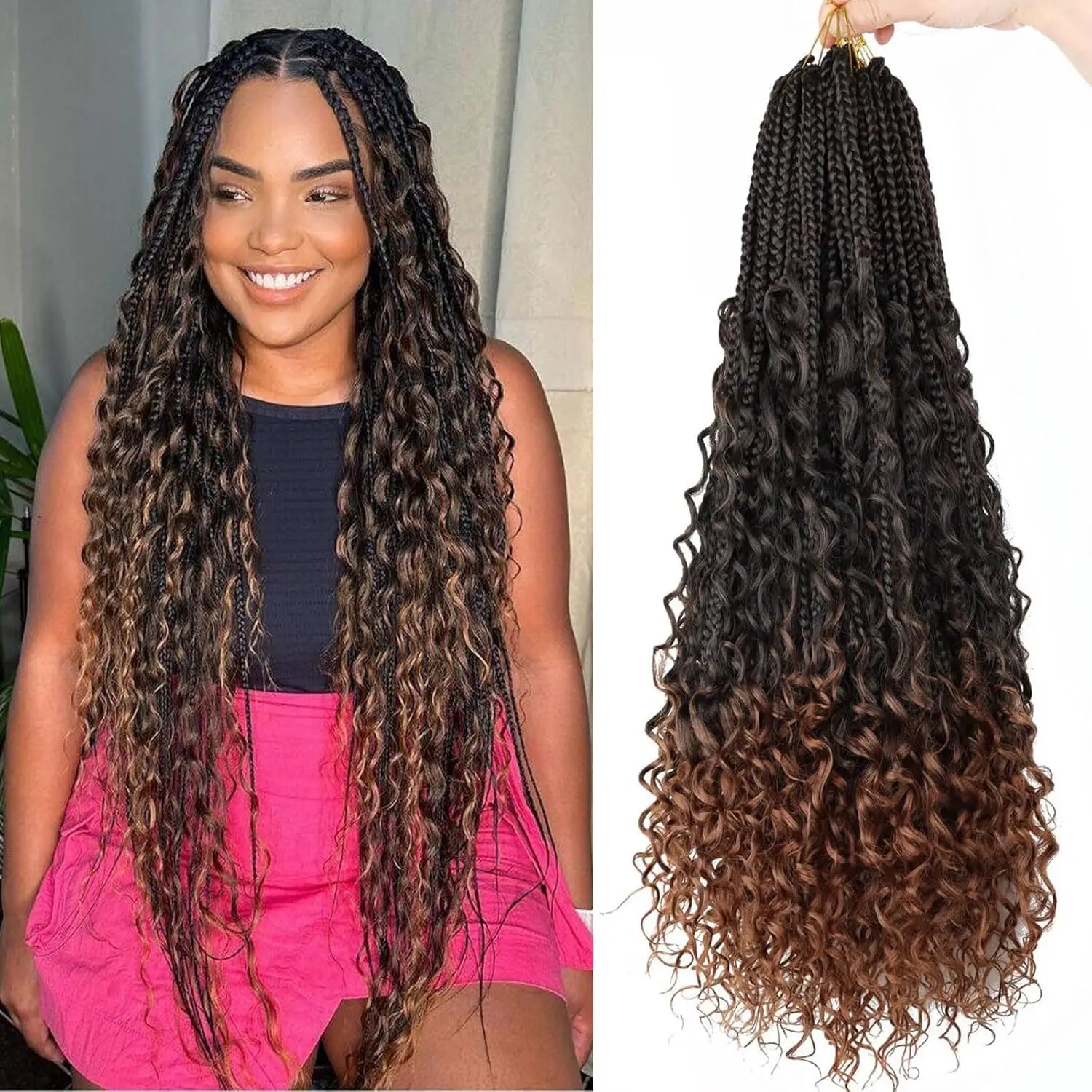 1/7 Packs Goddess Box Braids 10-24Inch Pre-looped Boho Box Braids With Curly Ends 3X Crochet Braids Hair Synthetic Braiding Hair