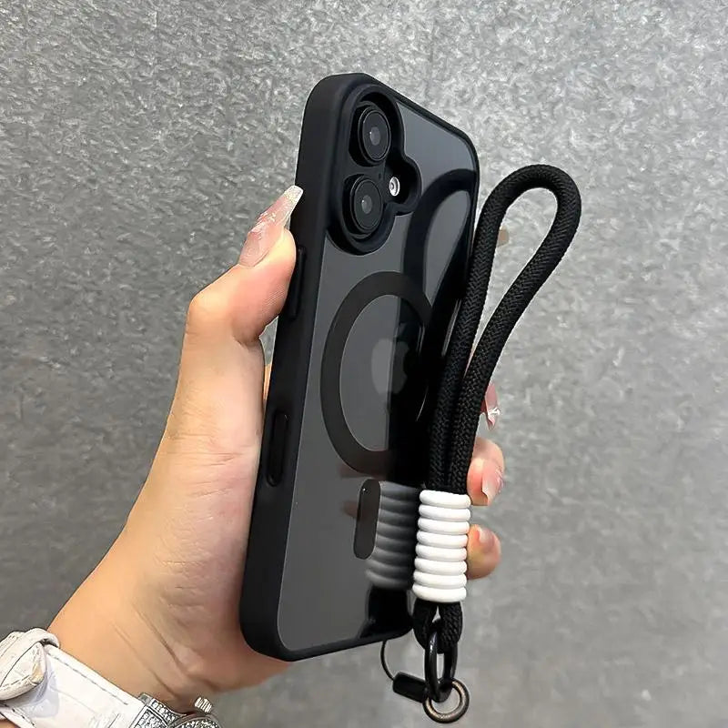 Luxury With Lanyard Clear For Magsafe Phone Case For iPhone 14 11 12 13 15 16 17Pro Max Shockproof Armour Wrist Strap Back Cover