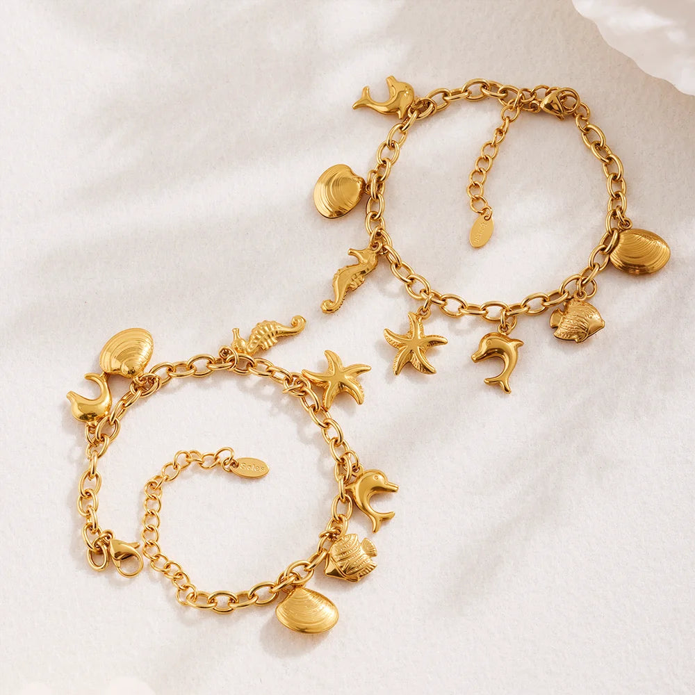 18K Gold-Plated Starfish Dolphin Shell Bracelet | 316 Stainless Steel Women’s Trend Jewelry 2025