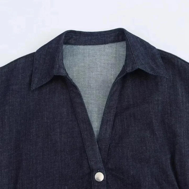 Denim Dress Women's Spring Summer Casual Long Dresses For Women 2026 New Fashion Ruched Short Sleeve Streetwear Midi Dress