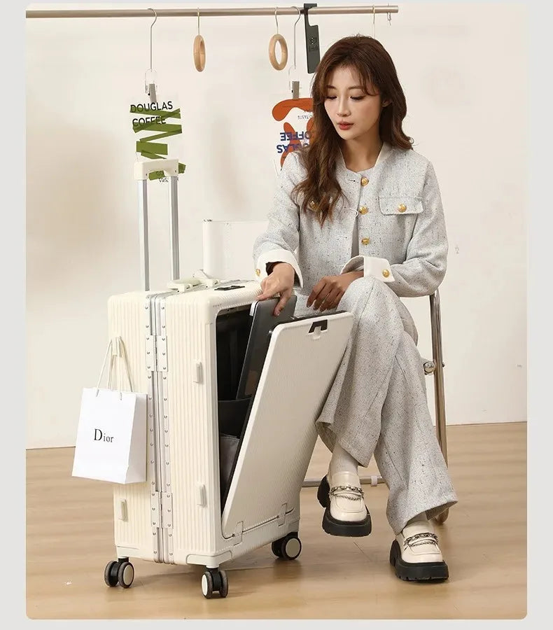 Suitcase Front Opening Pocket Aluminum Alloy Frame Rolling Luggage with USB Charging Plug Trolley Carry-on Case Bag with Wheel