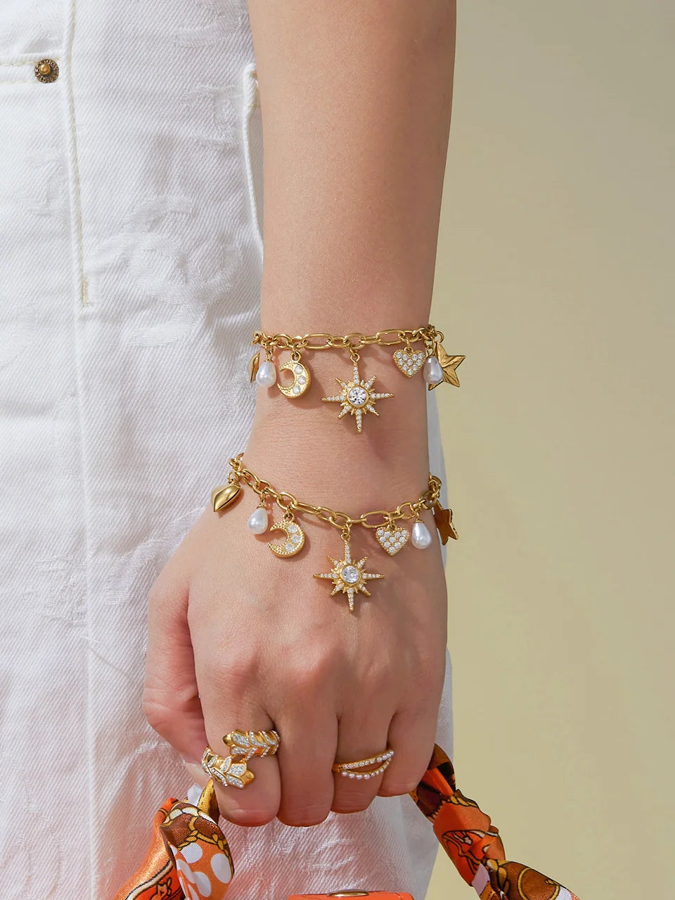 Zircon Heart, Star & Moon Jewelry Set | 18K Gold-Plated Stainless Steel Necklace & Bracelet