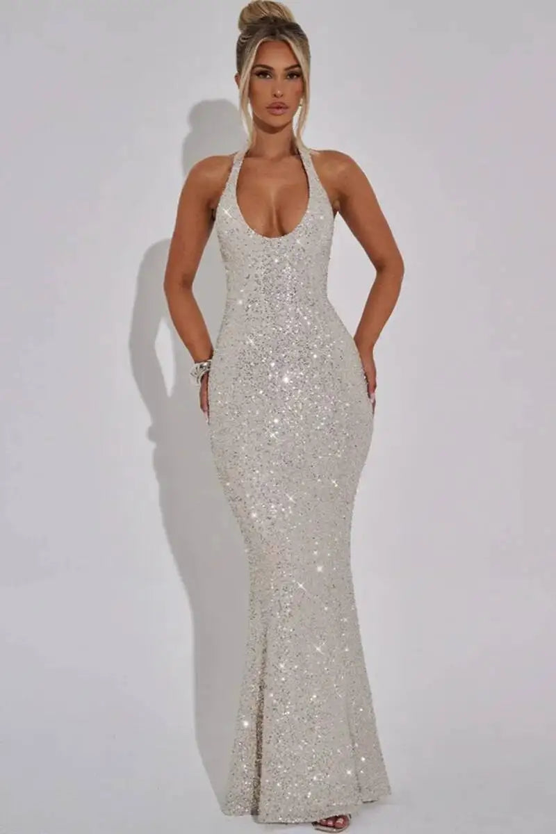 Giyu Sexy Glitter Sparkle Sequined Club Evening Party Dresses Women 2025 Summer Autumn Halter Backless Bodycon Maxi Long Dress