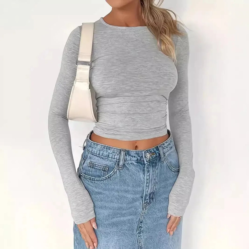 Women’s Slim Fit Long Sleeve Crop Top – Basic Layering Tee for Spring & Fall Fashion (Y2K Style)