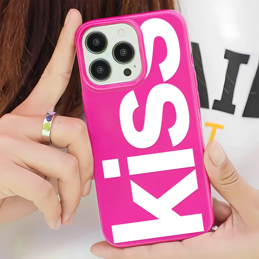 Personalized English Letters Kiss Phone Case For iPhone 16 15 14 13 12 11 Pro Max 16E XR X XS Max 7 8 Plus INS Simple Soft Cover
