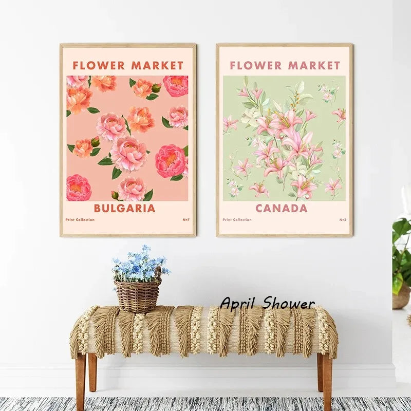 Boho Flower Market Retro Wall Art – Minimalist Canvas Print