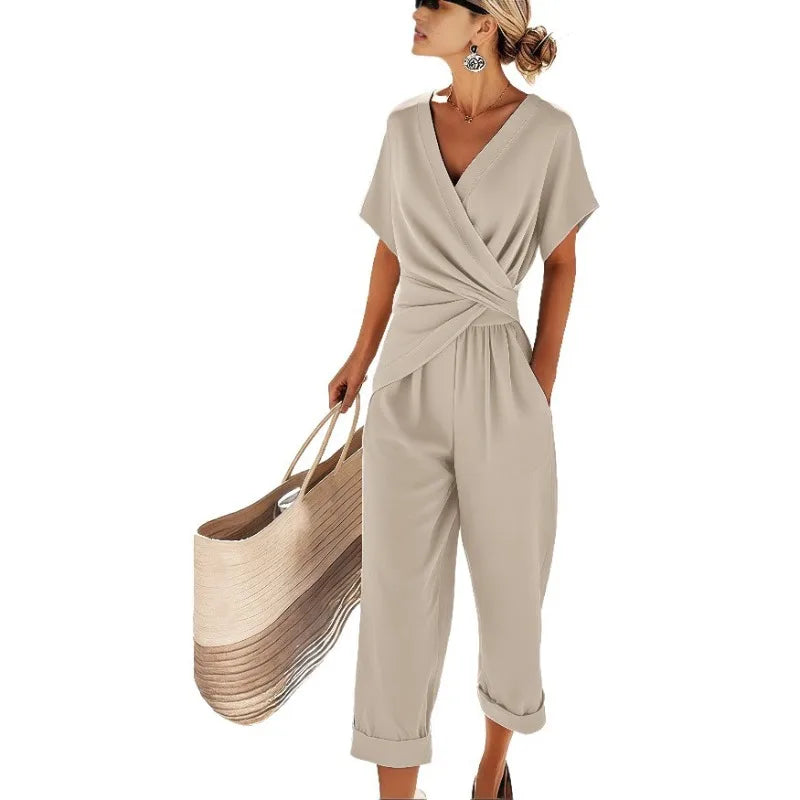 Women's Clothing 2025 Summer New Fashionable Temperament Elegant Solid Color Irregular Short Sleeved Set New in Matching Sets