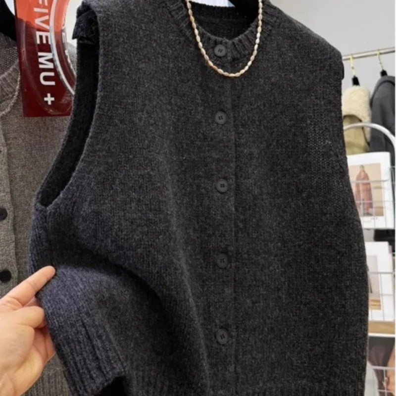 Women Sweater Vests Casual Loose Basics Solid Buttons Knitwear Sleeveless Female Bottom Sweater Vintage Simple Simple Tank Tops