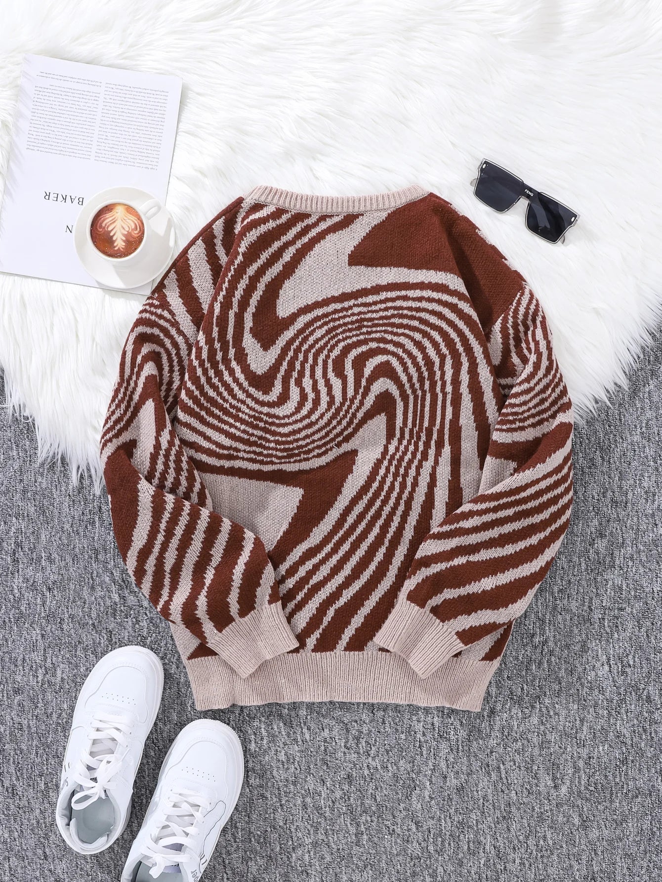 New Popular Autumn and Winter Maze Jacquard Pattern Pullover Sweater Casual Round Neck Contrast Color Knitted Men's Pullover