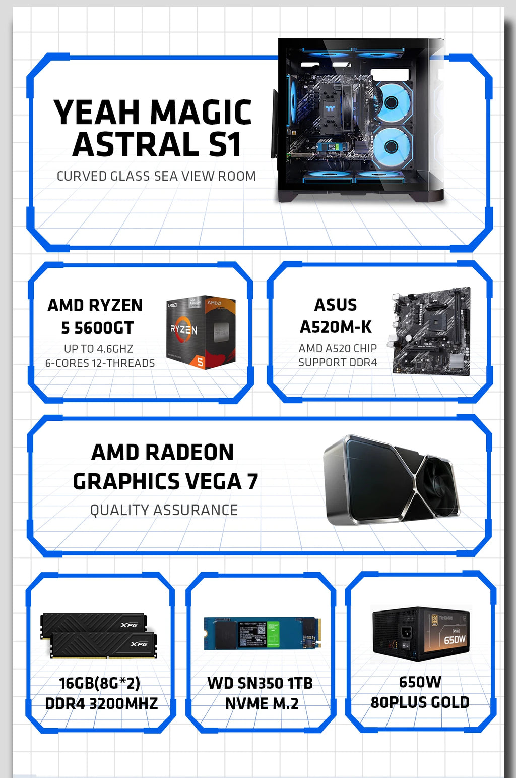 YEAH MAGIC Gaming Desktop — AMD Ryzen 5 5600GT, 16GB DDR4, 1TB NVMe SSD, ARGB 7-Fan Cooling, Windows 11 Home
