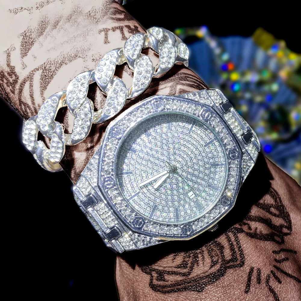 Women’s Full Iced-Out Watch Set | Green Dial Luxury Bling with Cuban & Tennis Chain Bracelets