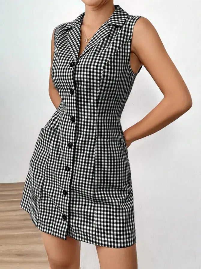 French Retro Plaid Dresses Women Summer New  Sleeveless Round Neck Button Up Cocktail Dress Female Bodycon Dresses Vestidos