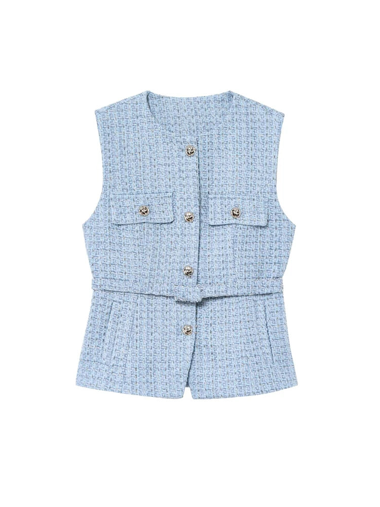 Women's Tweed Waistcoat with Belt, O Neck, Sleeveless, Front Button, Female Outerwear, Chic Tops, Fashion
