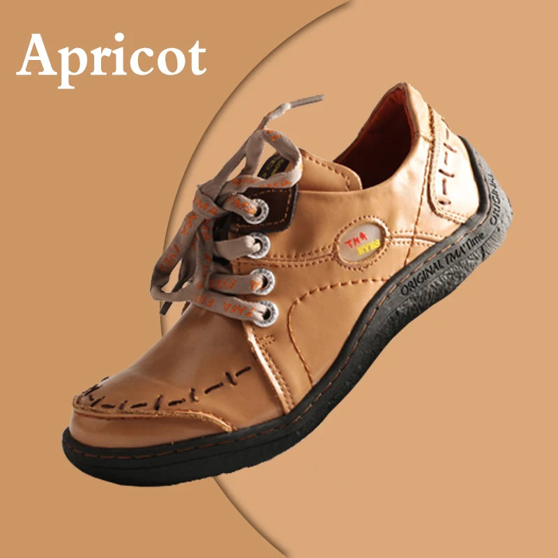 TMA EYES Women's Hand-Stitched Leather Sneakers Lightweight Flat Design Shoes Comfortable Breathable Upper Leather Sole