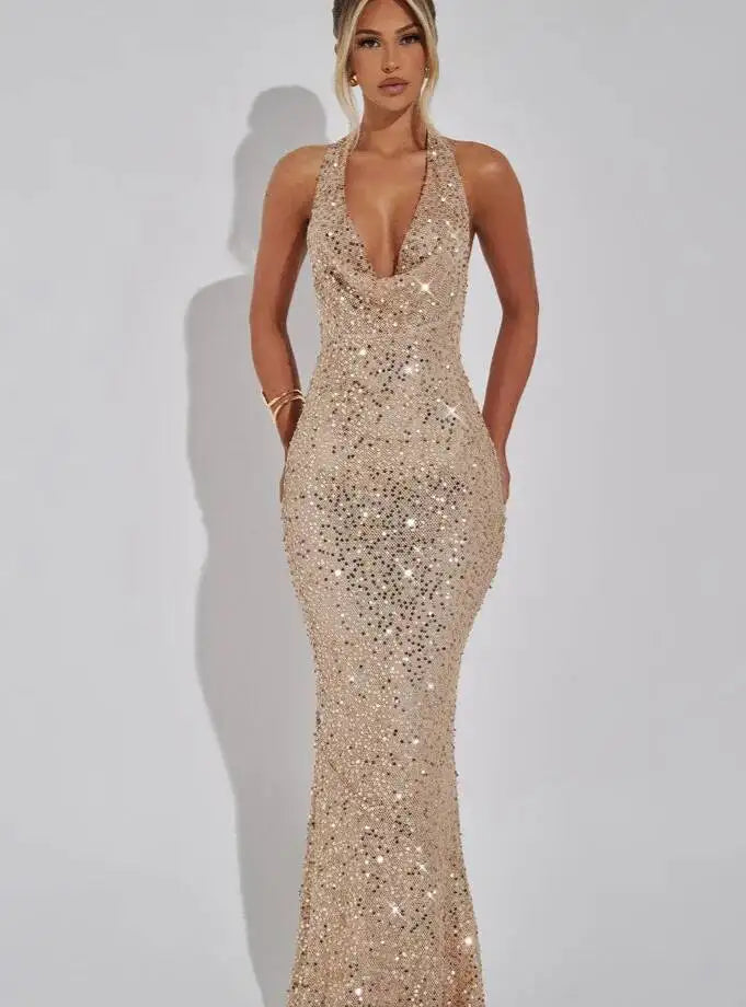 Giyu Sexy Glitter Sparkle Sequined Club Evening Party Dresses Women 2025 Summer Autumn Halter Backless Bodycon Maxi Long Dress