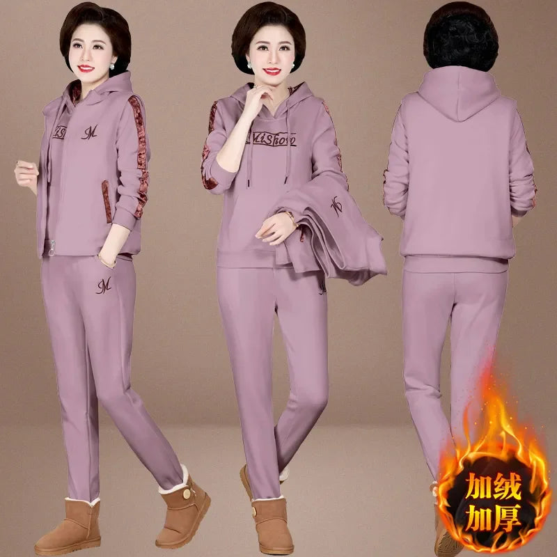 Women's Autumn Winter New Suit Plush Thickened Hooded Tops Waistcoat Pants 3 Three Piece Sets Fashion Plus Size Women Clothing