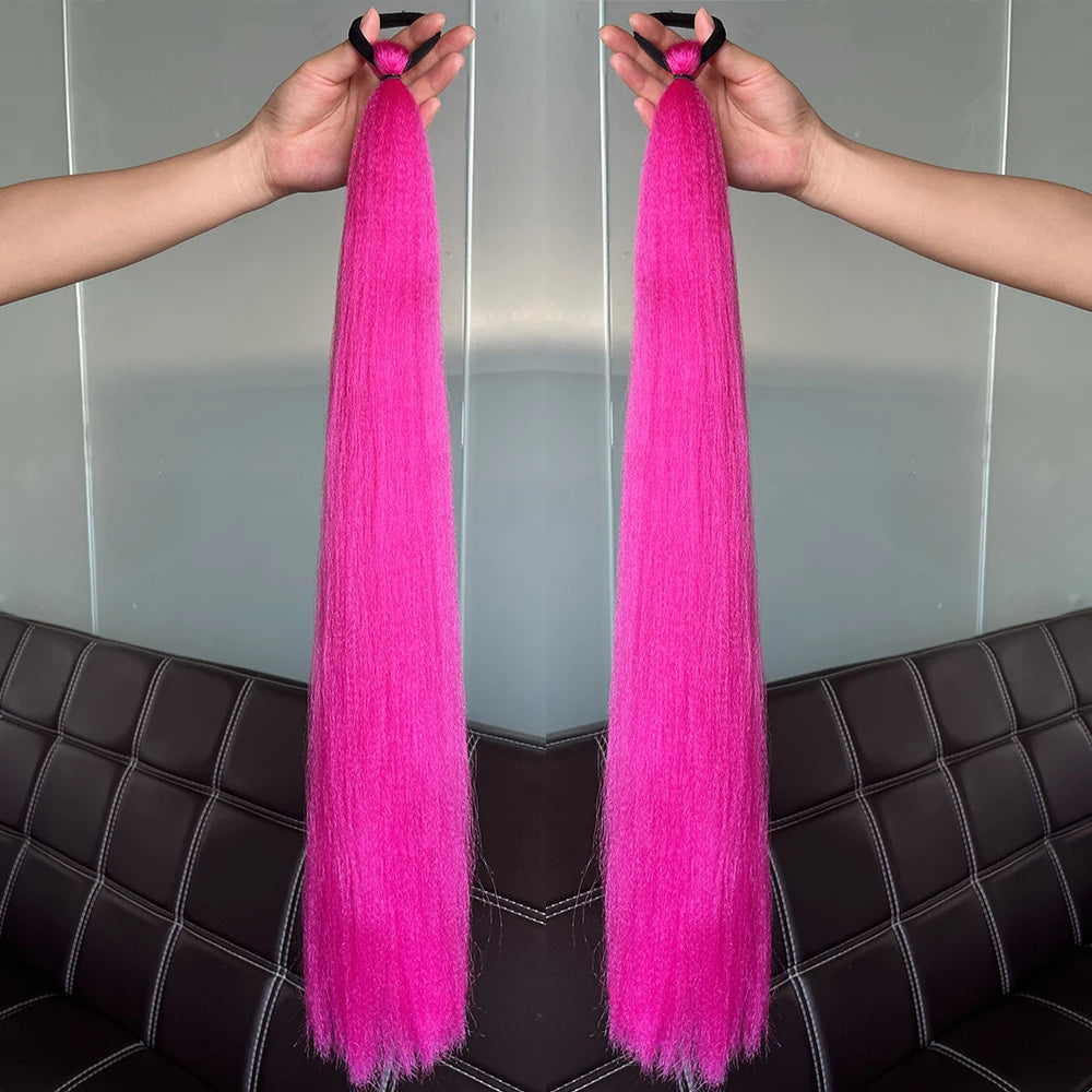 Synthetic Colorful Ponytail Extension 2Pcs Long Straight DIY Braided Pony Tail Hairpiece with Rubber Band Women Hair Accessories