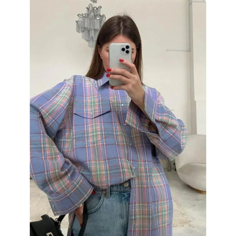 Fashion Baggy Plaid Women'S Blouse Elegant Lapel Long Sleeve Shirts And Blouses Vintage Pocket Lace-Up Top Female 2025