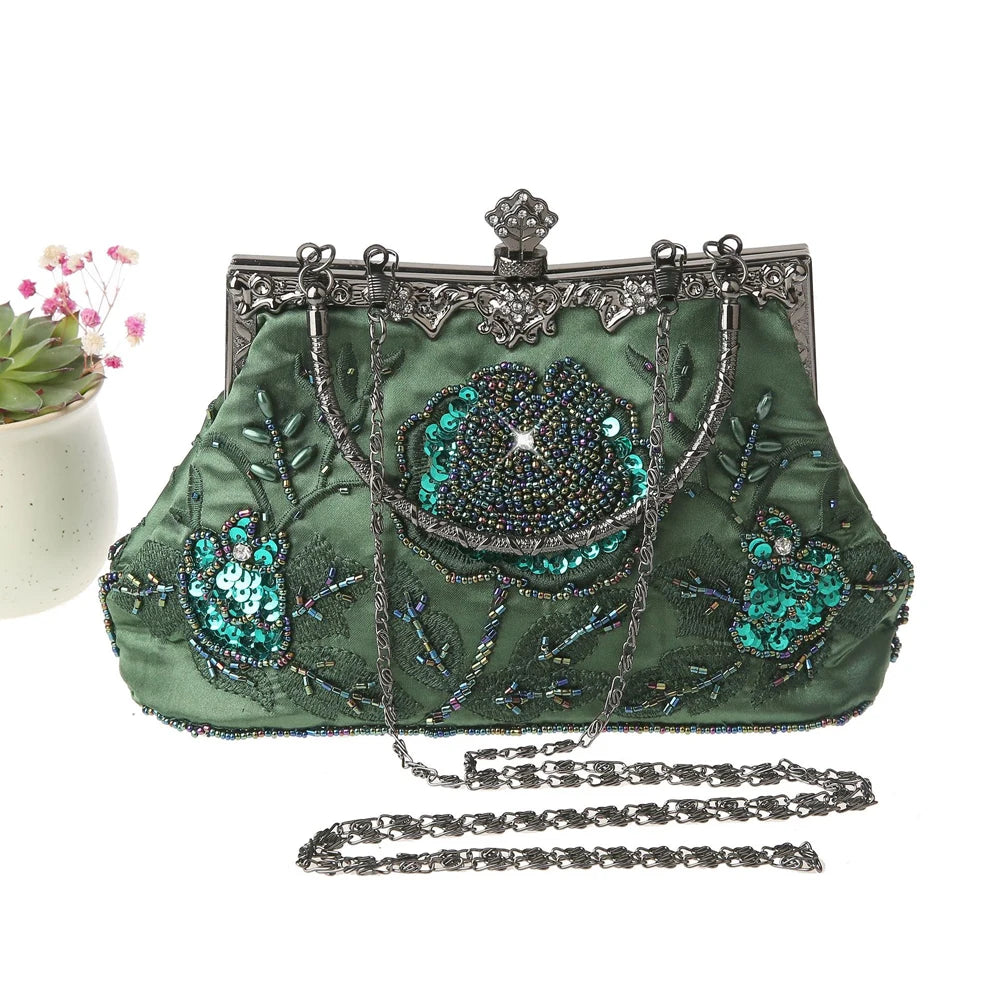 SHELKSBAG 1920s Gatsby Women Vintage Clutch Bags Luxury Beaded Wedding Evening Party Handbags Elegant Small Shoulder Chain Bag